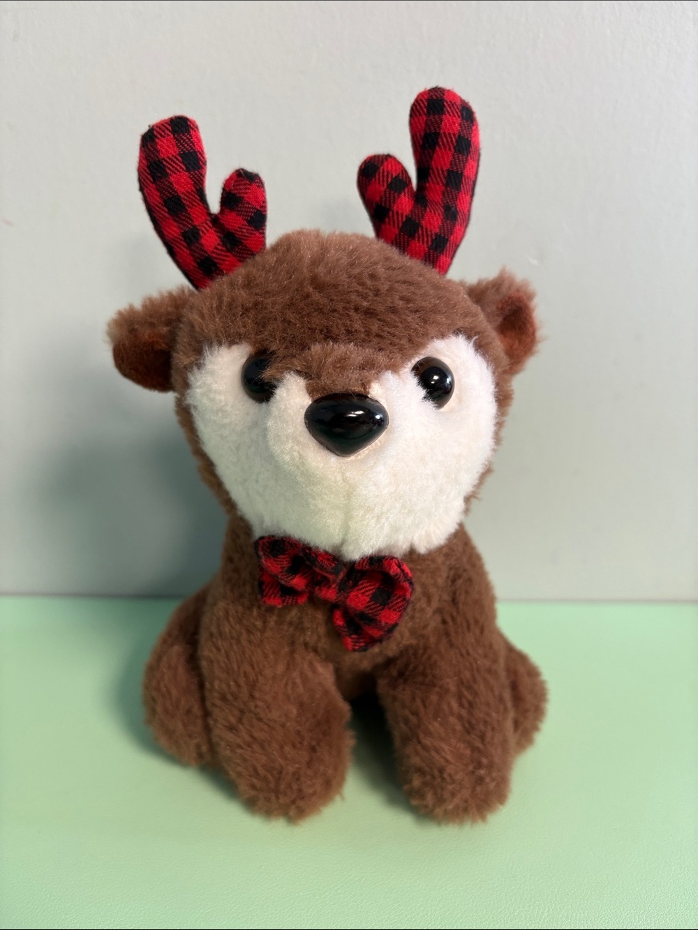 Christmas Reindeer with Red & Black Plaid Antlers & Bow Plush Stuffed Animal Toy